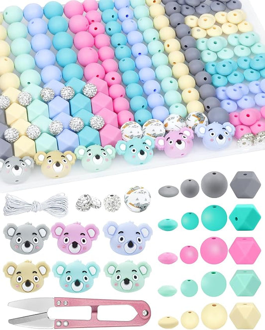 FIVEIZERO 212PCS Silicone Focal Beads for Keychain Making, Animal Koala, Round, Lentil, Hexagon, Printed, Rhinestone, Sliver Spacer Beads for Pens, Bracelets & Crafts with Elastic Cord & Scissors
