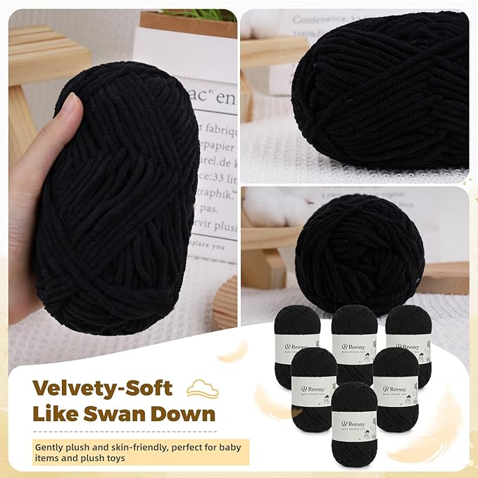 Bulky Chenille Yarn for Crocheting – 6 Pack of 50g/1.76oz Skeins, Pure Polyester, CYC #5 Bulky Weight – Ultra Soft Chenille Yarn Pack for Crafting Plush Toys, Blankets, Scarves(Black)