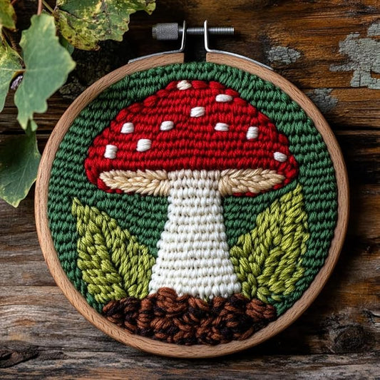 DIY Punch Needle Kits Red Mushroom with GreenBackground Easy for Beginners Punch Needle Yarn Starter Embroidery Set for Craft Lovers with Hoop for Home Decoration 20x20cm(5)