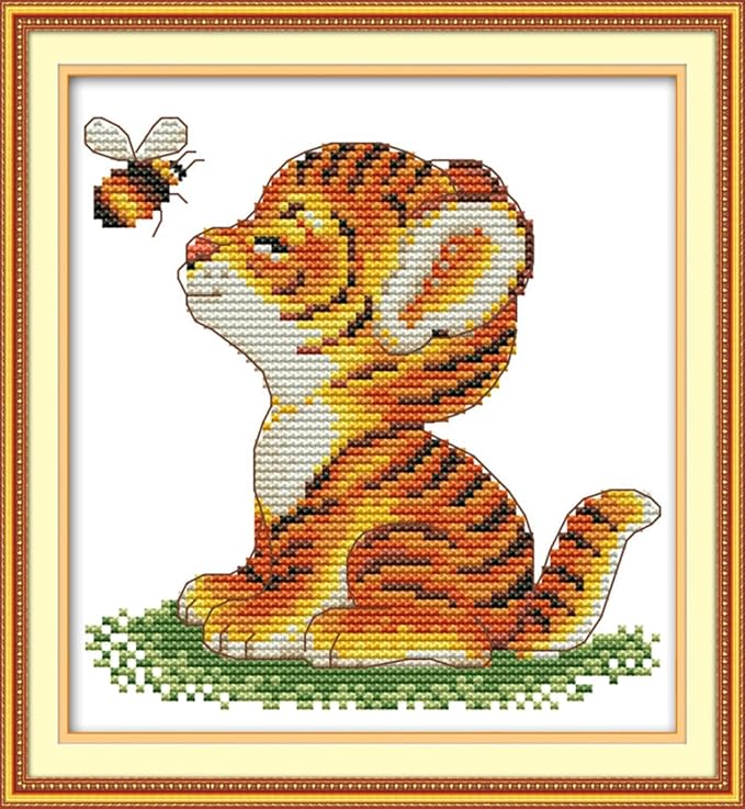 Funcrostitch Counted Cross Stitch Kits for Beginners,14ct Unprinted Pattern Embroidery Kit Dmc Cotton Threads Needleworks for Adults-Tiger and Bee 7.1"×7.5"