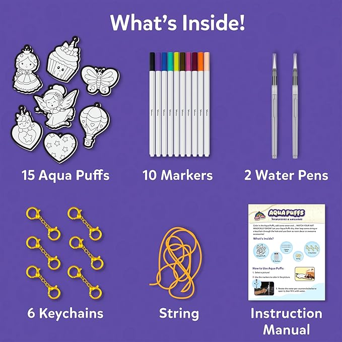 skillmatics 3d art kit - aqua puffs princesses & unicorns, mess-free paint by number craft for kids, diy color & inflate activity, travel & creative gift for girls & boys ages 4, 5, 6, 7, 8, 9, 10