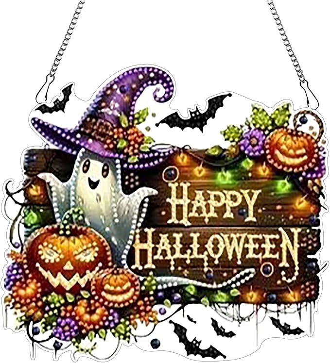 DIY Hanging Halloween Pendant Ornament Diamond Art Painting for Adults Beginners with Accessories Single Sided Dot-Drill Pendant for Home Wall Window Garden Decor (Ghost)