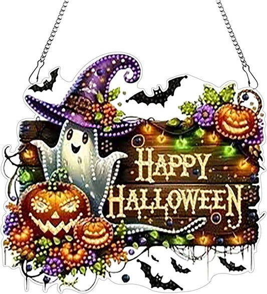 DIY Hanging Halloween Pendant Ornament Diamond Art Painting for Adults Beginners with Accessories Single Sided Dot-Drill Pendant for Home Wall Window Garden Decor (Ghost)