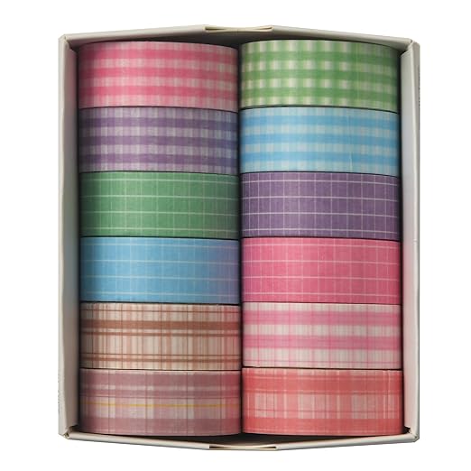 12 Rolls Grid Washi Tape Set Plaid Arts Adhesive Tapes Basic Patterns Decorative Masking Tape Sets for Craft, Kids, Scrapbook, DIY, Gift Wrapping (Style Four)