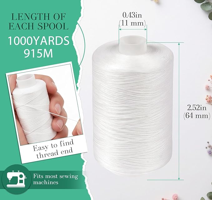 12 Pcs White Sewing Thread, 1000 Yard Each Spool 402 Polyester White Thread for Sewing, All Purpose Threads for Machine, Hand Stitching, Embroidery Clothing Repair, Home Decor