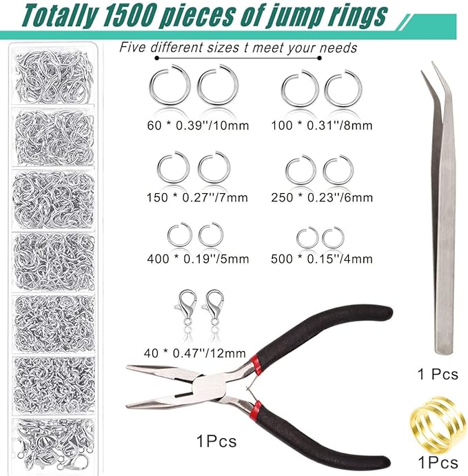 Open Jump Rings, 1500 pcs Jump Rings and Lobster Clasps Jewelry Finding Kit Jewelry Making Tools with Pliers Tweezers for Jewelry Making Necklace Repair