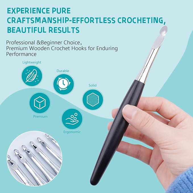 Mdoker Interchangeable Crochet Hooks Set – 9 Sizes (3.5mm‑8mm) Wooden Handle & Aluminum Hooks with Embroidered Storage Bag Inline Wooden Crochet Hook – Ideal for Knitting,Crochet & Travel