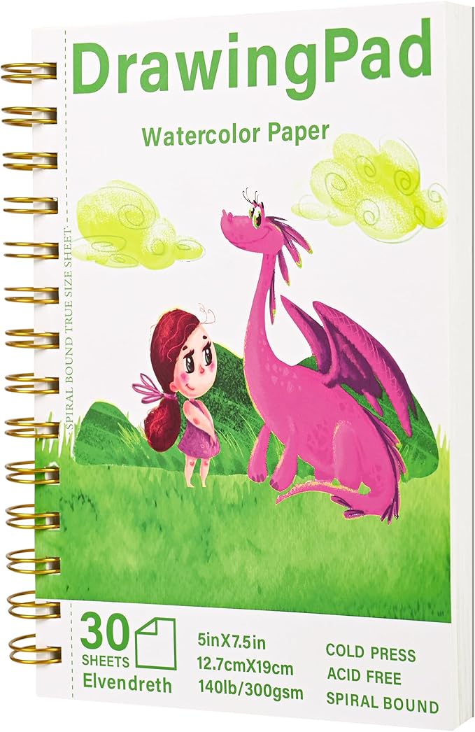 Elvendreth Drawing Paper Pad, 5x7.5 Inch, 140lb/300gsm No Bleed-Through Watercolor Paper, Spiral-Bound/Tear-Line, 30 Sheets for Adults, Kids, Artists -Watercolor Book, Exercises & Mixed Media