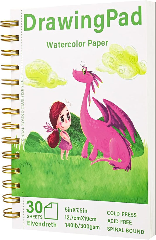 Elvendreth Drawing Paper Pad, 5x7.5 Inch, 140lb/300gsm No Bleed-Through Watercolor Paper, Spiral-Bound/Tear-Line, 30 Sheets for Adults, Kids, Artists -Watercolor Book, Exercises & Mixed Media
