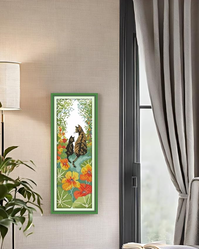 CaptainCrafts Cross Stitch Kits for Adults Counted Cross Stitch Unprinted Fabric Cross Stitching DIY Art DMC Needlecrafts Embroidery Kit for Adults (White, Flowers Cats Back)