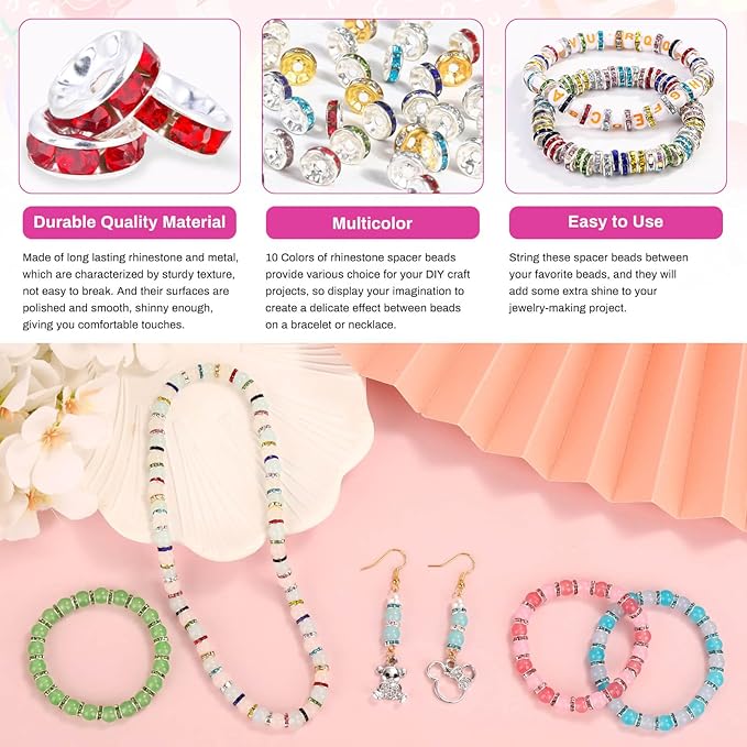 shynek 800 Pieces Rondelle Spacer Beads for Jewelry Making, 6mm Rhinestone Spacer Beads for Beaded Pens, Crystal Bead Spacers for Jewelry Making, Bracelets (10 Colors)