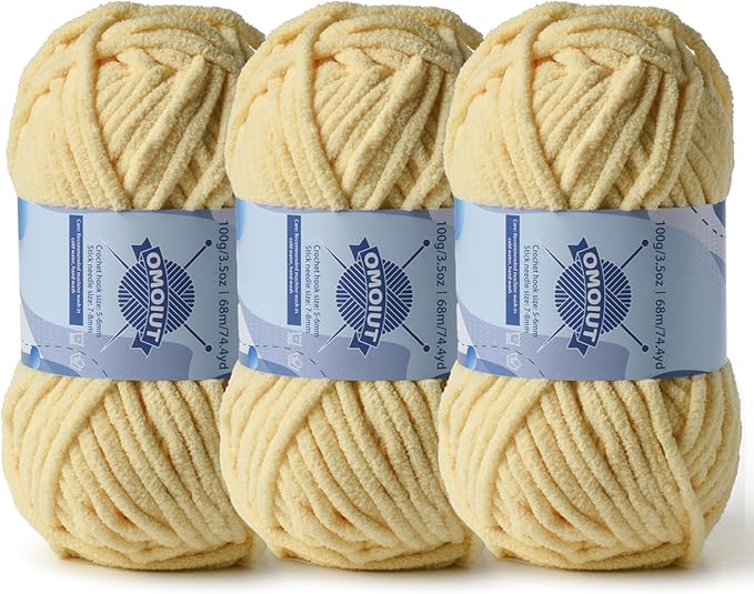 3 Pack Chunky Chenille Yarn for Crocheting, Baby Yarn for Crocheting Soft Blankets, Bulky Yarns for Crochet Amigurumi, 300g (223yds) Fluffy Velvet Yarns for Hand Knitting (3 Light Yellow)