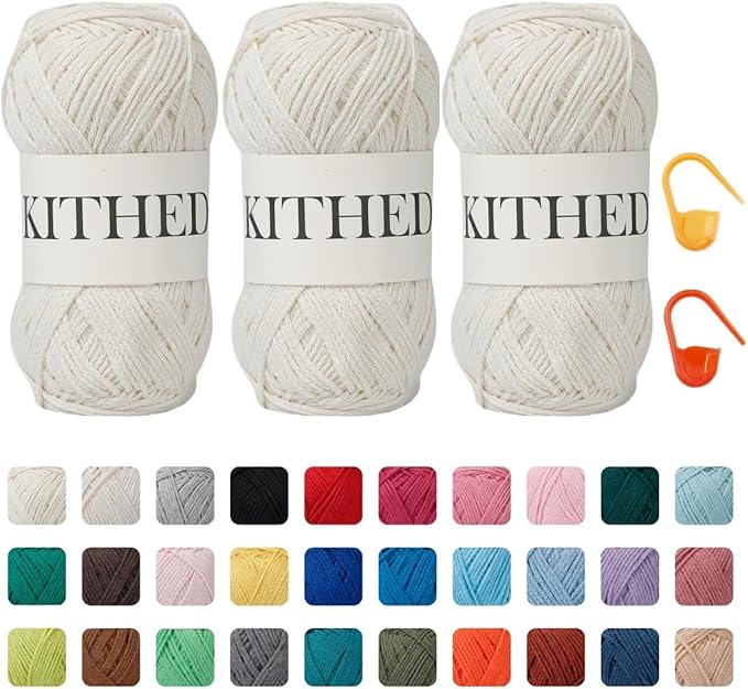 Cotton Chainette Yarn,4 Medium (Worsted)-10oz,3 Pack,Knitting Yarn for Beginners,Thicker for Crocheting and Knitting (01 Milk White)