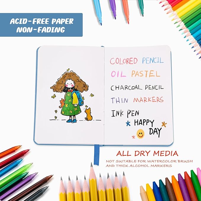 Mix Media Pad,3.5"x5.5" Small Hardcover Leather Art Sketchbook,60 Sheets(112lb/180gsm) Heavyweight Acid Free Artistic Painting Drawing Sketching Paper, Handy Pocket Journal Sketchbook.Dark Blue