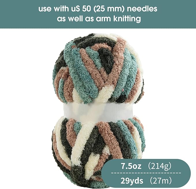 HOMBYS Chunky Tie Dye Mix Chenille Yarn for Hand Knitting, Super Bulky Jumbo Yarn for Crocheting, 3/4" Thick Soft Plush Yarn for Blankets, 8 Skein Pack (26 yds / 7.5 oz Each) Green,White Multi