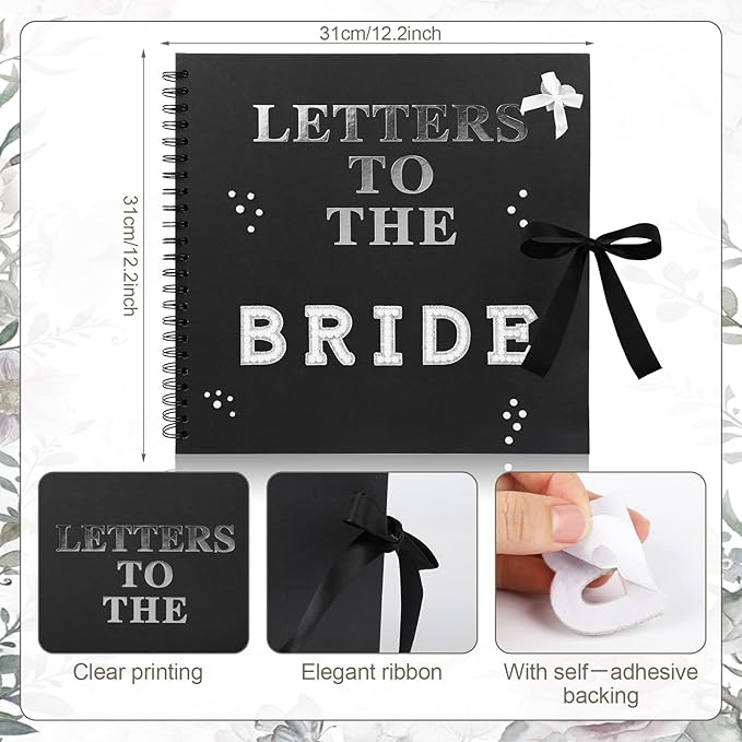 12 x 12 Inch Letters to The Bride Scrapbook Wedding Scrap Book Letters To The Bride Book Bridal DIY Blank Paper Scrapbook Photo Album with Pearl Stickers, Metallic Letters, Bows(Black)