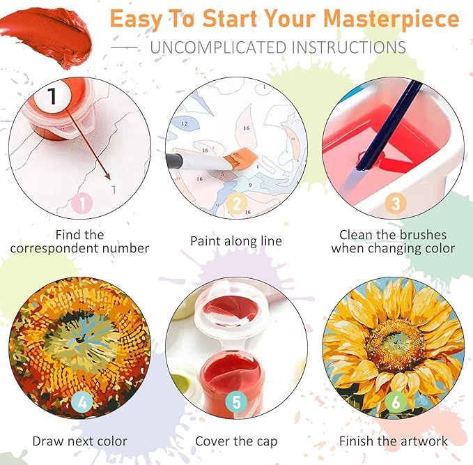 Framed Paint by Numbers Kit for Adults Beginners & Kids Ages 8-12, Sunflower Acrylic Easy Paint by Number with Frame, Watercolor Paint by Number Kits on Canvas Framed (10 * 10 Inch, without Easel)