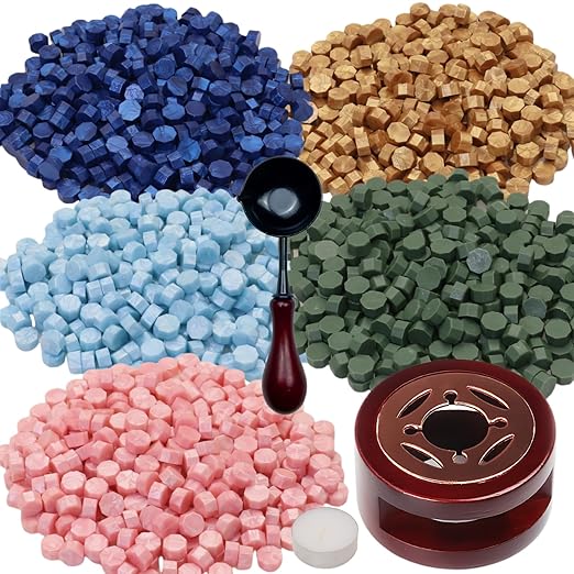 Wax Seal Warmer, ONWINPOR 400pcs Light Blue Sealing Wax Beads Kit with Warmer, Non-Slip Spoon, Candles for Envelopes, Stamp Letter Seal, Wedding Invitations (Light Blue)