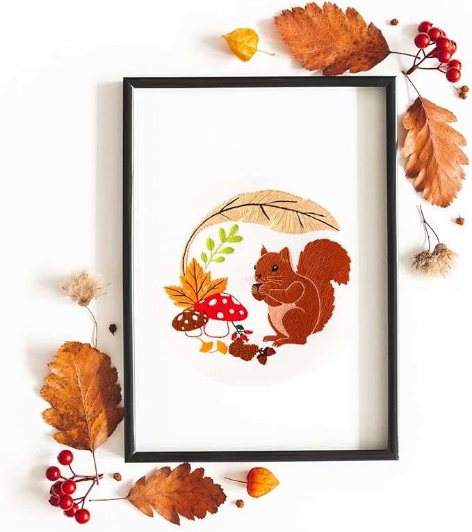 Louise Maelys Animal Embroidery Kits for Beginners with Autumn Squirrel Pattern,Adults Starter Cross Stitch Kit DIY Needlepoint
