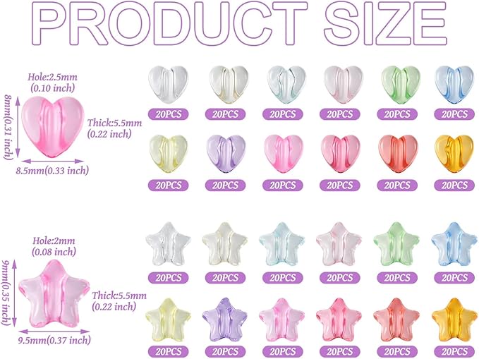 FASHEWELRY 480pcs Clear Acrylic Star Heart Beads - Transparent Colorful Assorted Pastel Cute Kawaii for Bracelets Jewelry Making