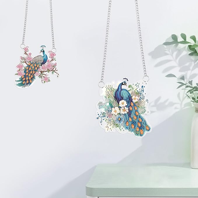 JISHSHAY 2 PCS Diamond Painting Pendant DIY Peacock Peafowl Diamond Art Wind Chimes Special Shaped Crystal Crystal Suncatcher Diamond Art Ornaments Diamond Painting Hanging for Garden Wall Door Window
