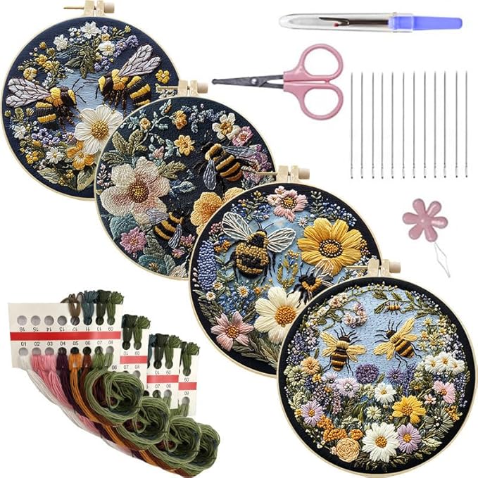 LB 4 Pack Yellow Bee Floral Embroidery Kit for Beginners Green Plant Beginner Embroidery Kit for Adults DIY Starter Kit with Embroidery Hoop Colorful Threads Tools Step by Step Instructions