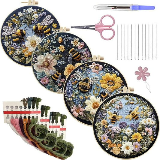 LB 4 Pack Yellow Bee Floral Embroidery Kit for Beginners Green Plant Beginner Embroidery Kit for Adults DIY Starter Kit with Embroidery Hoop Colorful Threads Tools Step by Step Instructions