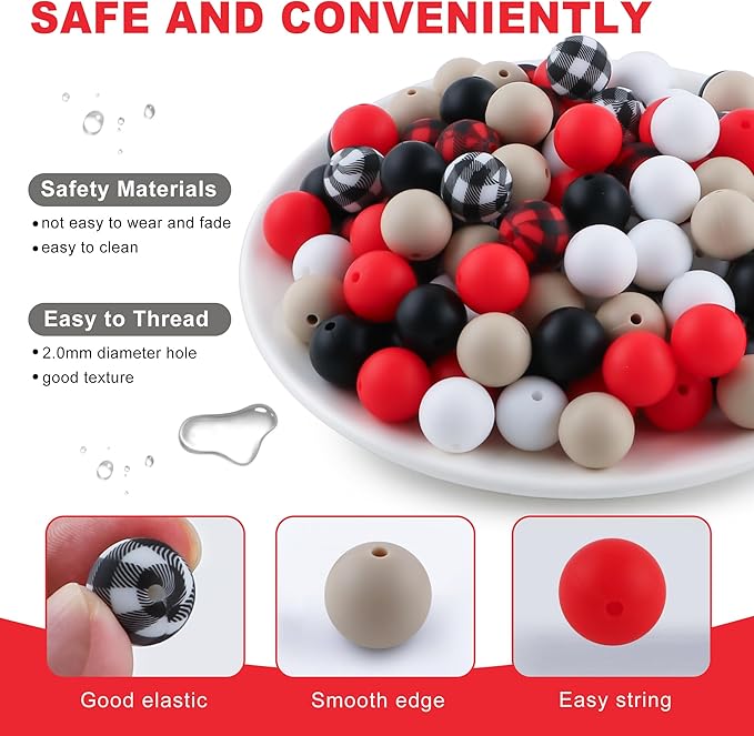 150Pcs Mixed Color 15mm Silicone Beads for Keychain Making, White Black Grid Print Silicone Beads for Pens and Bracelet Jewelry Making