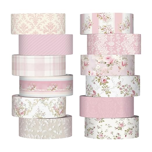 12 Rolls Watercolor Floral Washi Tape Set 15 mm Vintage Flower Decorative Masking Tape for Spring Arts DIY Craft Scrapbook Journal Supplies Gift Wrapping(Pastel Pink,Tea Party)