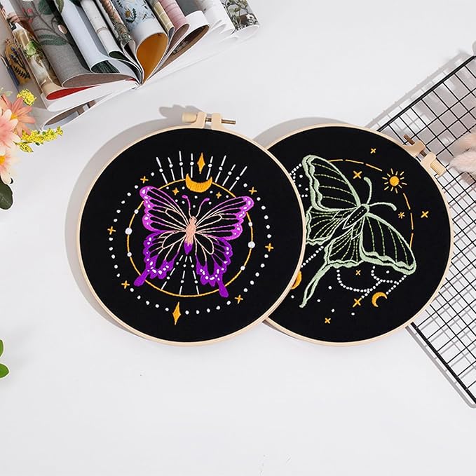louise maelys 3 sets tarot embroidery kits for beginners,cross stitch kit for adults,crewel starters needlepoint with moon, butterfly, bee and moth pattern and tool