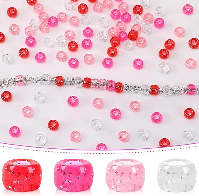 UPINS Valentine's Day Pony Beads, 1200Pcs Glitter Pink Red Round Plastic Craft Pony Beads for Jewelry Making Valentines Party DIY Decoration Necklace Bracelets Romantic Accessories (4 Colors)