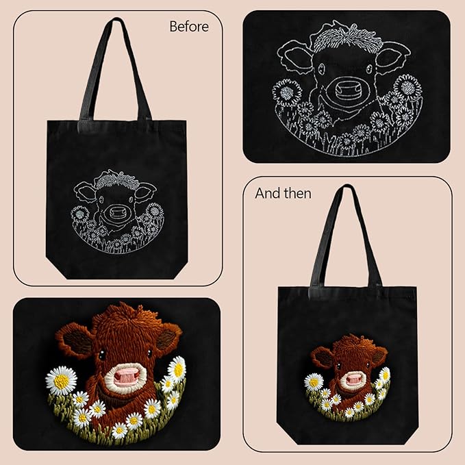 FSSODWT Embroidery Kit Canvas Tote Bag, Canvas Handbag Embroidery Kit for Beginners with Pre - Printed Highland Cow Pattern - DIY Needlepoint Crafts with Hoops Threads Needle for Adults