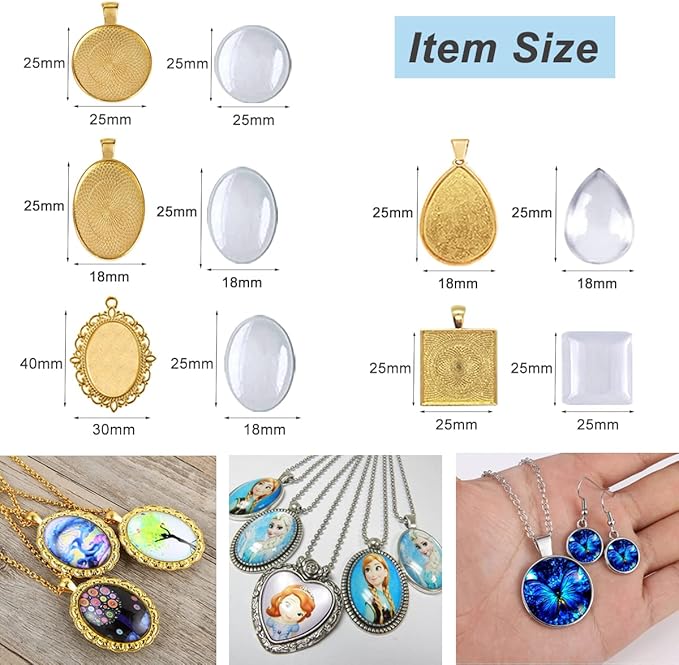 J6QIHANG Pendant Trays Kit for DIY Jewelry Craft Making, Including Round Pendant Bezel Blank Trays Glass Cabochons Waxed Necklace Cords for Photo Cameo Jewelry Making