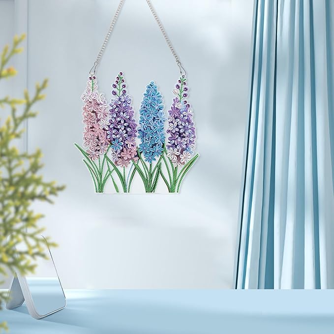 AiYuanzsh Diamond Painting Suncatcher Hanging Kit, Special Shaped Lavender Flowers DIY Diamond Art Pendant for Adults, Window & Wall Decor, 5D Crystal Diamond Art Kit