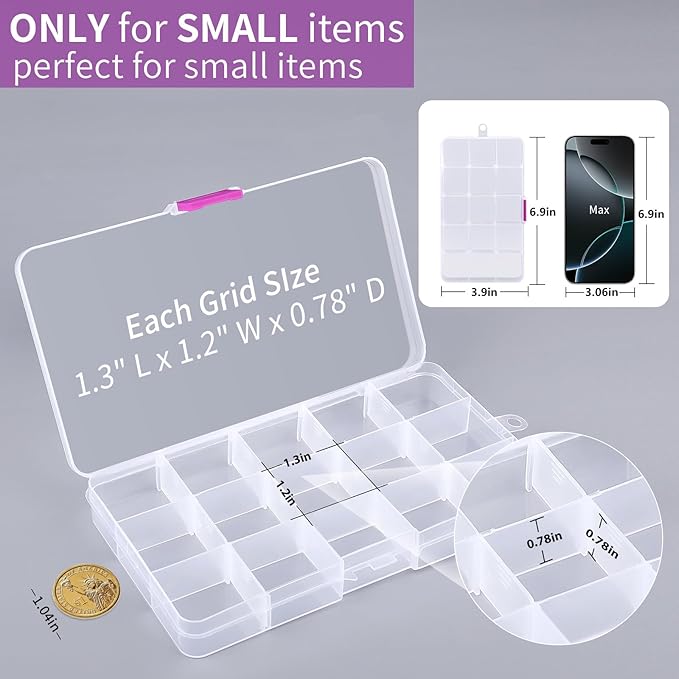 Opret 15 Girds Bead Organizer(8 Pack), Earring Organizer Box, SMALL Plastic Clear Organizing Containers with Adjustable Dividers for Crafts Jewelry Screws Small Items, Size 6.9×3.9×0.9in