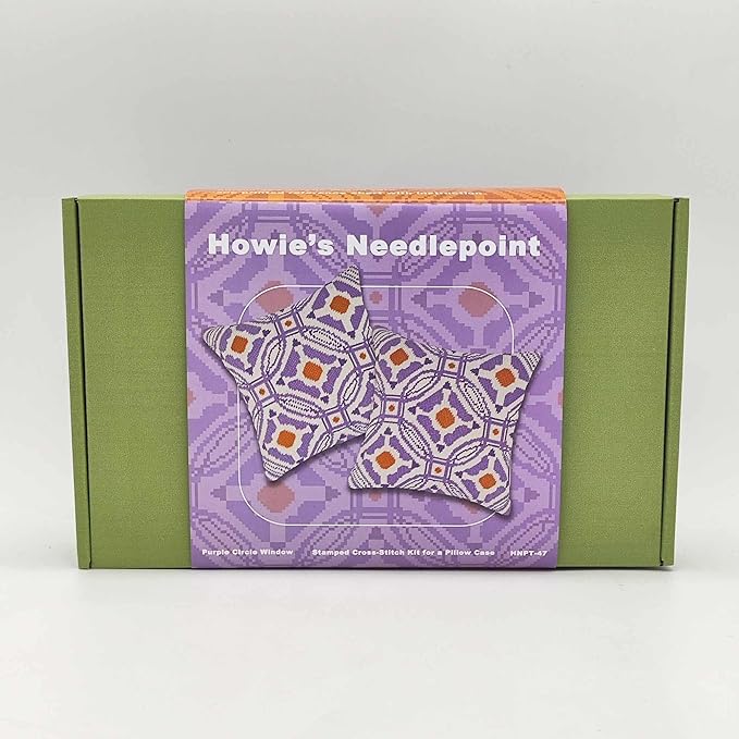 Howie's Needlepoint Needlepoint Kits for Adults, Pillow Front Cross Stitch Kit with Embroidery Pattern on Canvas, Yarn, 2 Needles and Instruction, 16 x 16inch(Purple Circle Window)