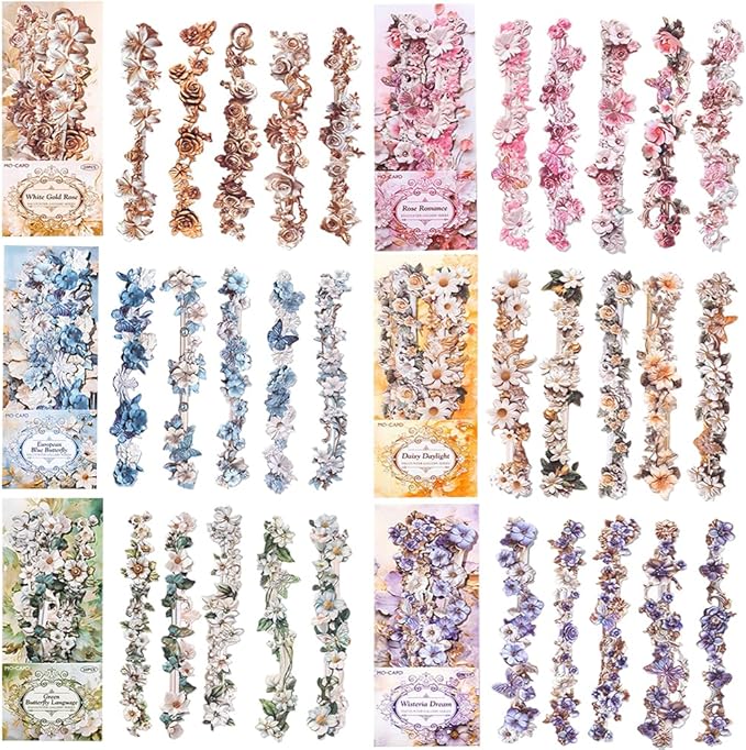 60pcs Vintage Flowers Scrapbook Kit Embossed Flower Stickers for Scrapbooking Journaling Scrapbook Stickers Aesthetic Long Strip Floral Sticker Pack Junk Journal Supplies Self-adhesive Decoupage Paper