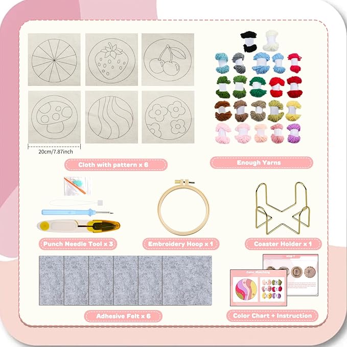 AIRDEA Punch Needle Drink Coasters Kit,Casual Punch Needle Embroidery Complete Kits for Beginner 3.29x3.29 Inches,Included All Accessories,DIY Car Coasters (Multicolored)
