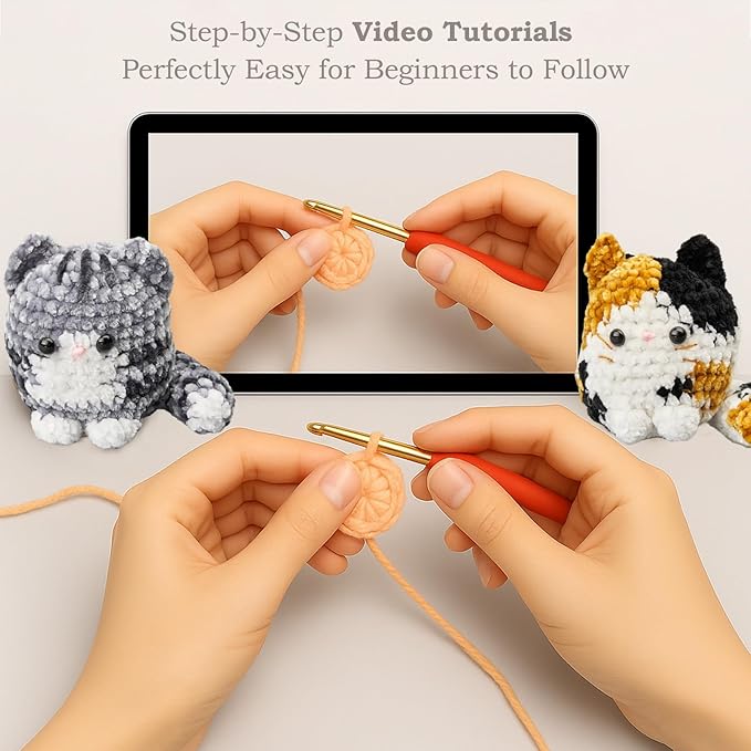 HOUSE CREATIVITY Chenille Crochet Kit for Beginners, Make 2 Ultra-Soft Cat Plushies, Amigurumi Crochet Starter Kit with Video Tutorial, Plush DIY Craft Kit with Chenille Yarn, Hook, Eyes & Stuffing