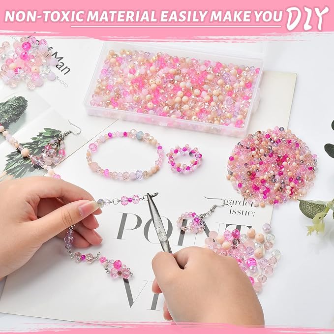 1000pcs 4/6/8mm Rondelle Glass Beads for Jewelry Making,Electroplate Round Shaped Crystal Spacer Beads Assorments for Bracelet Necklaces DIY Pink