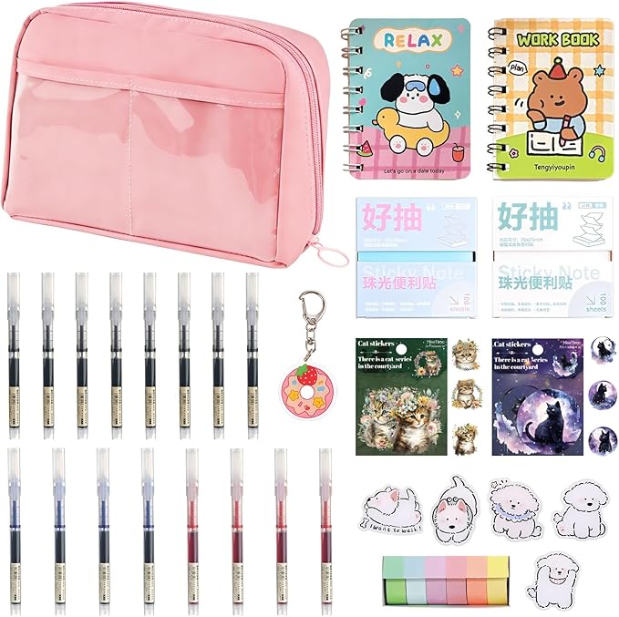 Gryast Complete Student Stationery Set Junk Journal Kit - All-in-One Scrapbook Supplies with Dog Pins, Pens, Stickers, Notebooks & More | Creative Journal Supplies for Memory Keeping(Pink)