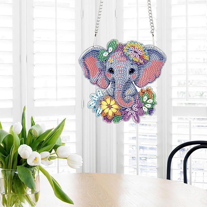 Elephant Diamond Painting Hanging Kit, DIY 5D Crystal Acrylic Pendant Ornament, Diamond Art Window and Wall Hanging for Adults, Elephant DIY Diamond Painting Art, Handmade Home Décor Gift