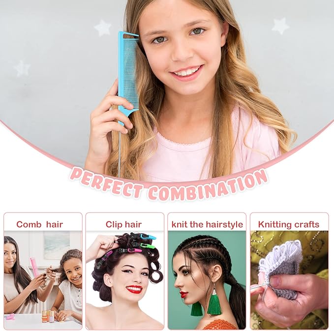 10 Pieces Latch Hook Crochet Needle Comb Hair Clip Set Include 3 Pieces Stainless Steel Crochet Needle 4 Pieces Alligator Hair Clip 3 Pieces Rat Tail Comb for Hair Extension