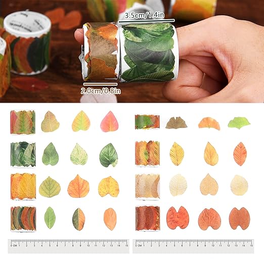Dizdkizd Fall Leaf Washi Tape Stickers for Card Making, Arts and Crafts Projects, Scrapbooking, Journaling, Collage - 400 Pieces (8 Rolls)