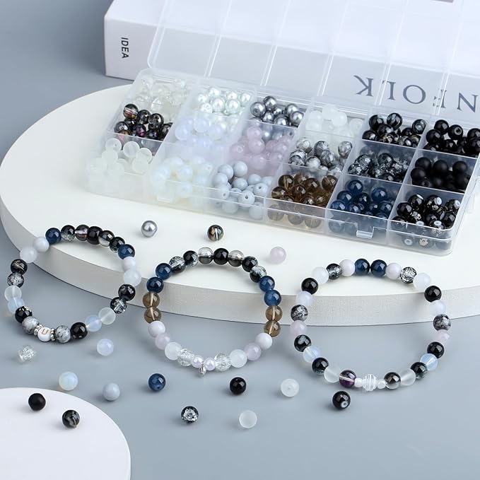 DUQGUHO 8mm Black Beads for Bracelets Black and White Glass Beads for Jewelry Making Glass Round Bead Necklaces DIY Crafts Kit 360PCS