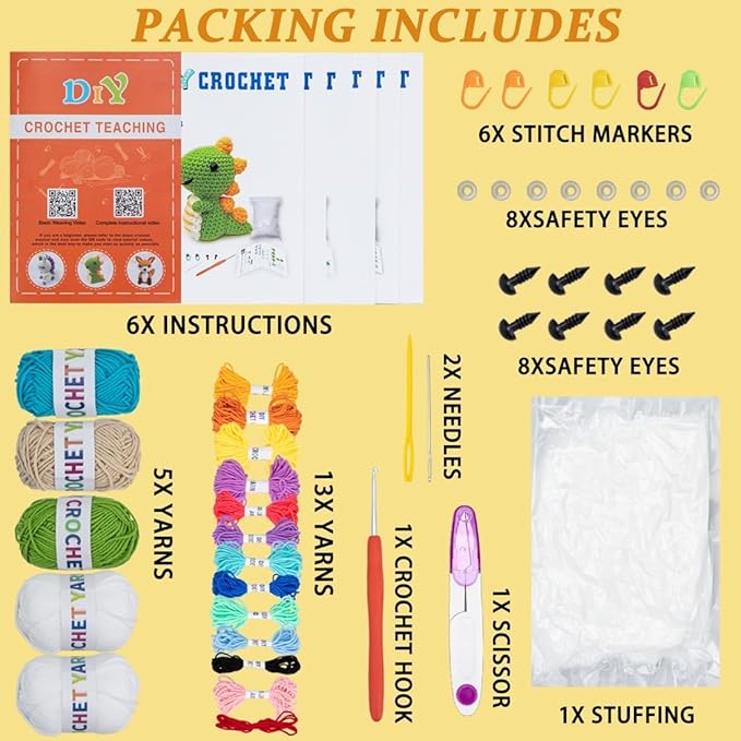 Crochet Kit for Beginners – 6 PCS Crochet Animal Kit, Knitting Beginners Kit with Step by Step Videos, Yarn, Crochet Hook, Great Birthday Holiday Gift (Knitting Kit 2)