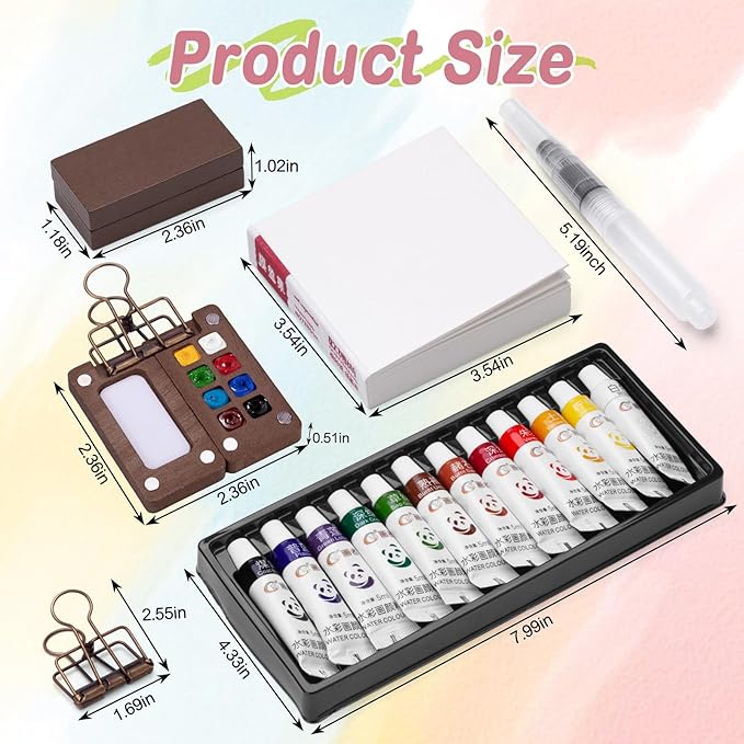 Mini Watercolor Paint Set, Mini Paint Palette Travel Kit, Pocket Artist Watercolor Travel Set Colors, Sketchbook, Brush, Metal Clip, for Beginners, Artists, Enthusiasts (8 Grids, 12 Colors)