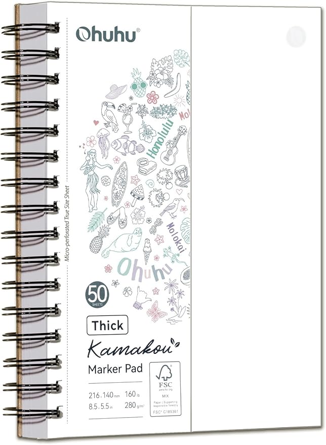 Ohuhu Double-Sided Bleedproof Marker Pad - 5.5"x8.5" Small Paper Size - 160 lb/280 gsm Heavyweight Smooth Drawing Paper - 50 Sheets/100 Pages - Spiral-Bound Sketchbook for Alcohol Markers