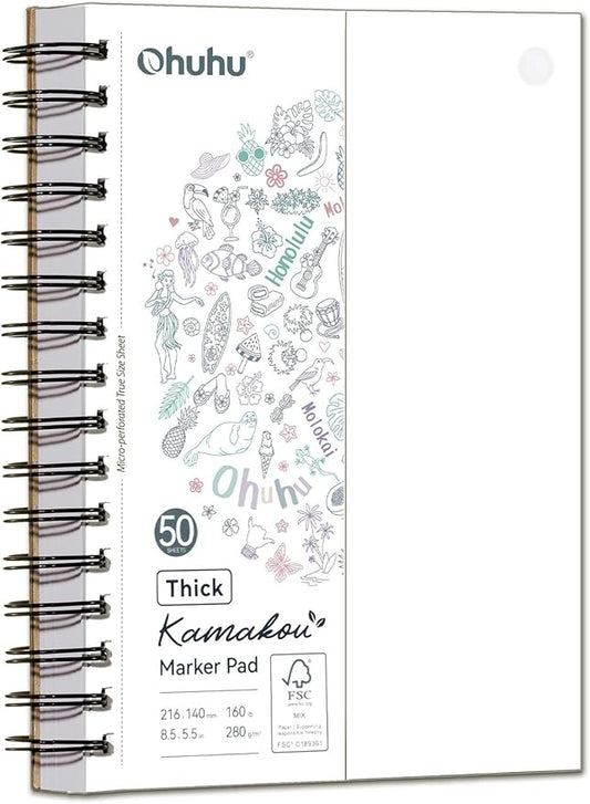 Ohuhu Double-Sided Bleedproof Marker Pad - 5.5"x8.5" Small Paper Size - 160 lb/280 gsm Heavyweight Smooth Drawing Paper - 50 Sheets/100 Pages - Spiral-Bound Sketchbook for Alcohol Markers