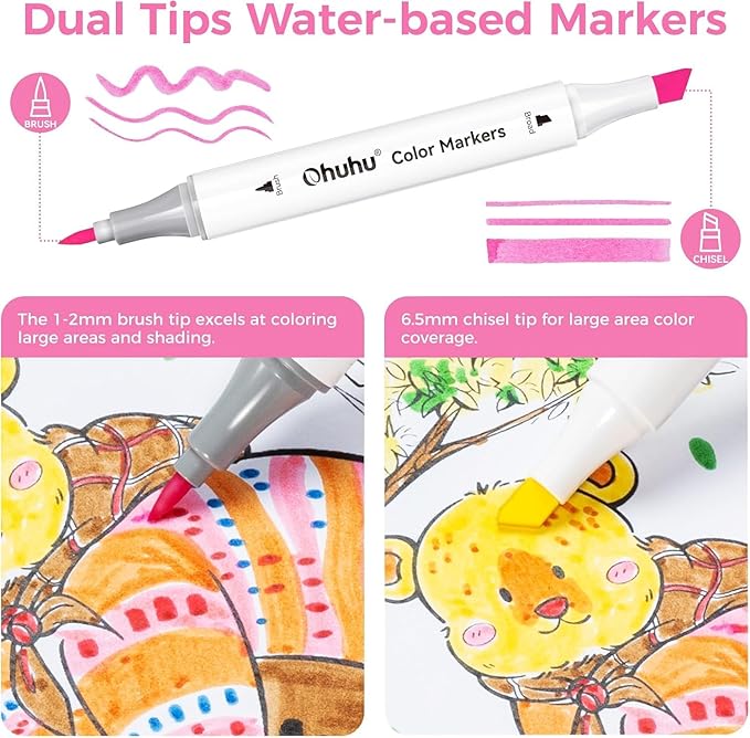 Ohuhu Markers for Adult Coloring Books No Bleeding 60 Colors Water-based Dual Tips Brush & Fine Coloring Markers for Kids Adults Beginners Drawing Pens for Journaling Lettering (Brush & Chisel)